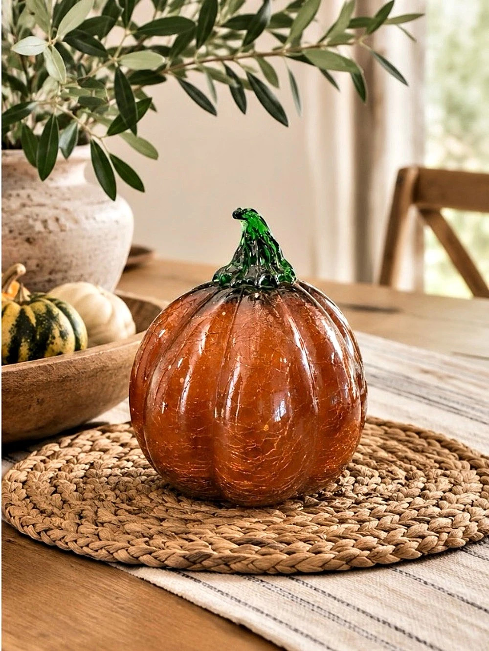 Hand Blown Dark Orange Crackle Glass Pumpkin Decor Green Stem 7.5”